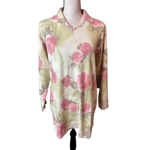 Gabriella T. Italy Pink Rose Floral Knit Tunic Top Polo Collar V-Neck Cream M